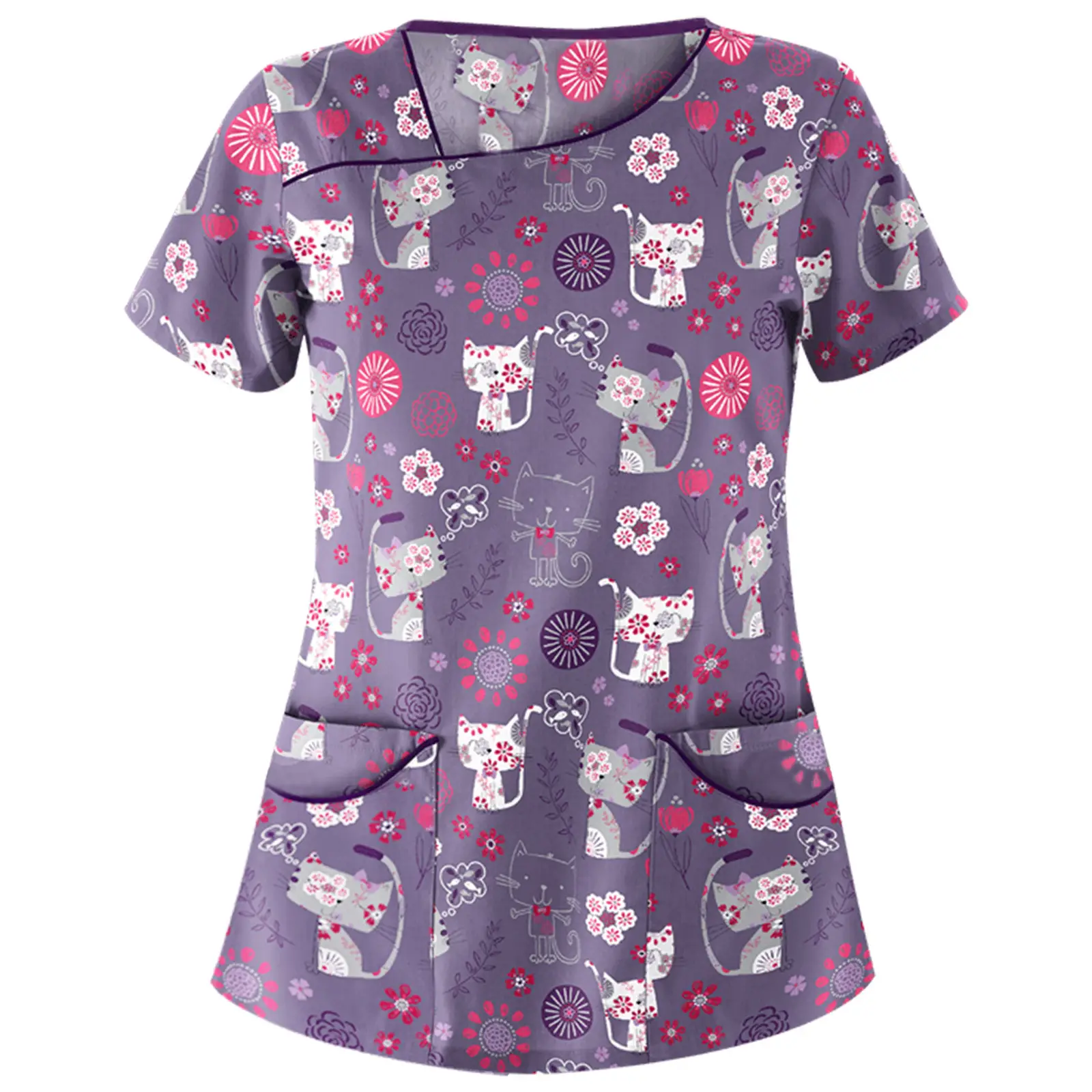 2021 Sweet Floral Nurse T-shirt Women Purple Slim Fit - Image 8