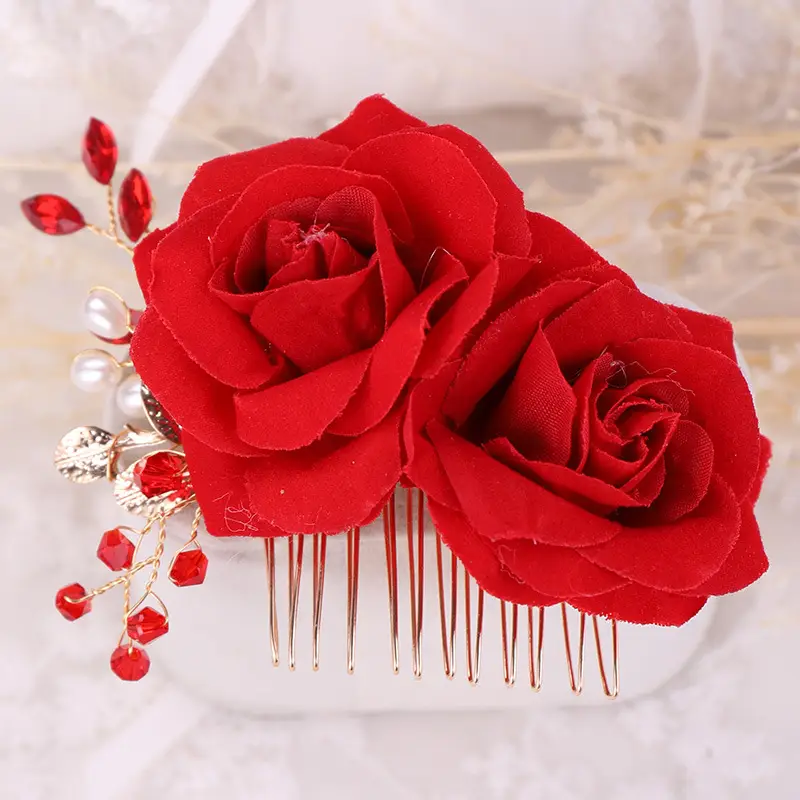 Red Rose Hair Comb for Bride Wedding Makeup - Image 3