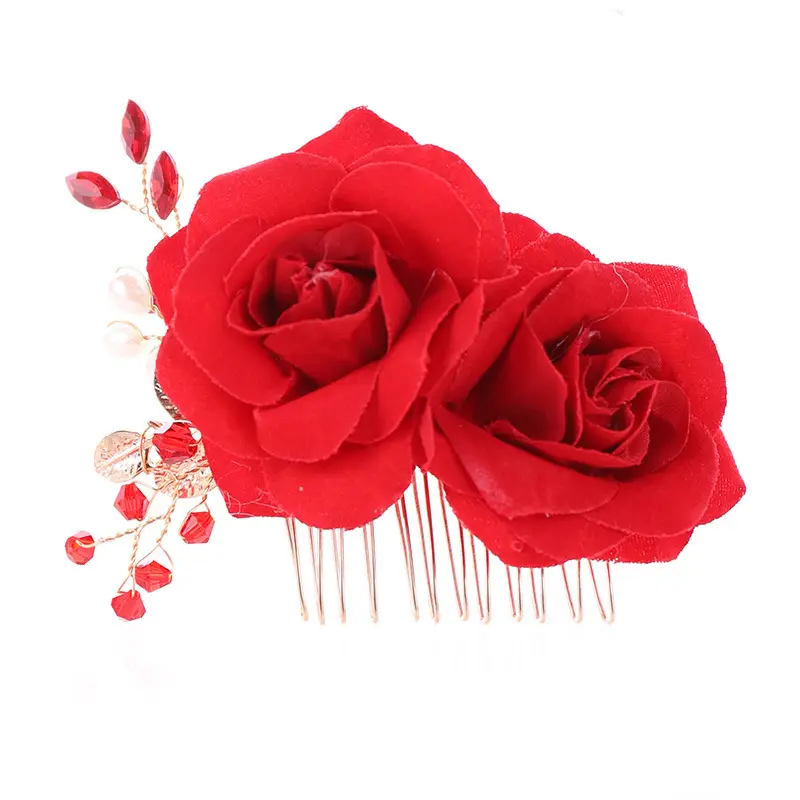 Red Rose Hair Comb for Bride Wedding Makeup - Image 5