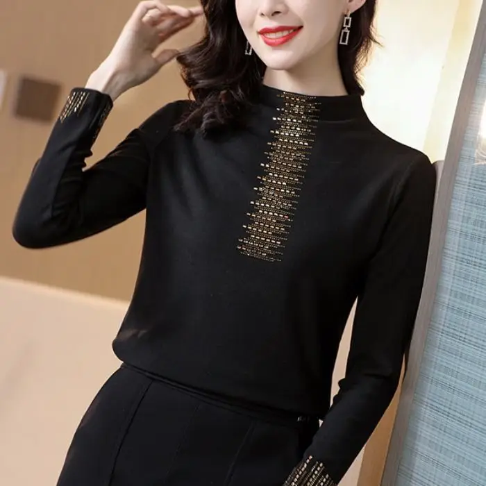 2021 Black Embroidered Long Sleeve Women's T-Shirt — feature 2