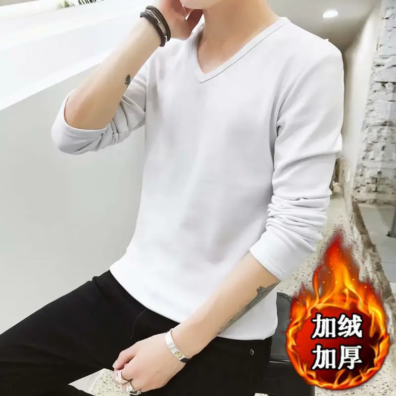 Men V-Neck Fleece Lined Long Sleeve T-Shirt Green - Image 8