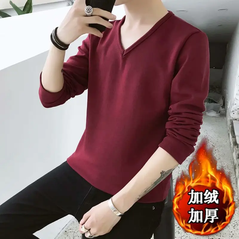 Men V-Neck Fleece Lined Long Sleeve T-Shirt Green - Image 9