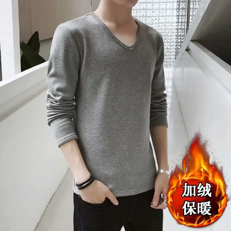 Men V-Neck Fleece Lined Long Sleeve T-Shirt Green - Image 11