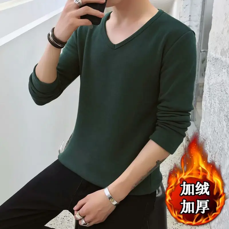 Men V-Neck Fleece Lined Long Sleeve T-Shirt Green - Image 3