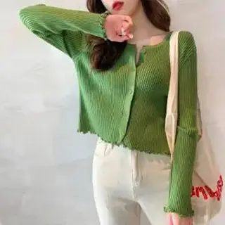 Women Green Knitted Cardigan Jacket Korean Style Loose Fit - Image 4