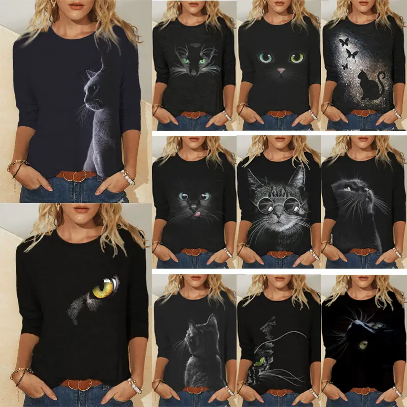 Women Printed Long Sleeve T-Shirt Black Cat Design - Image 12
