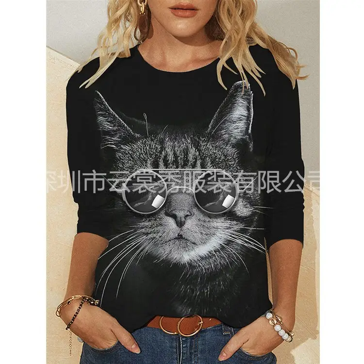Women Printed Long Sleeve T-Shirt Black Cat Design - Image 15