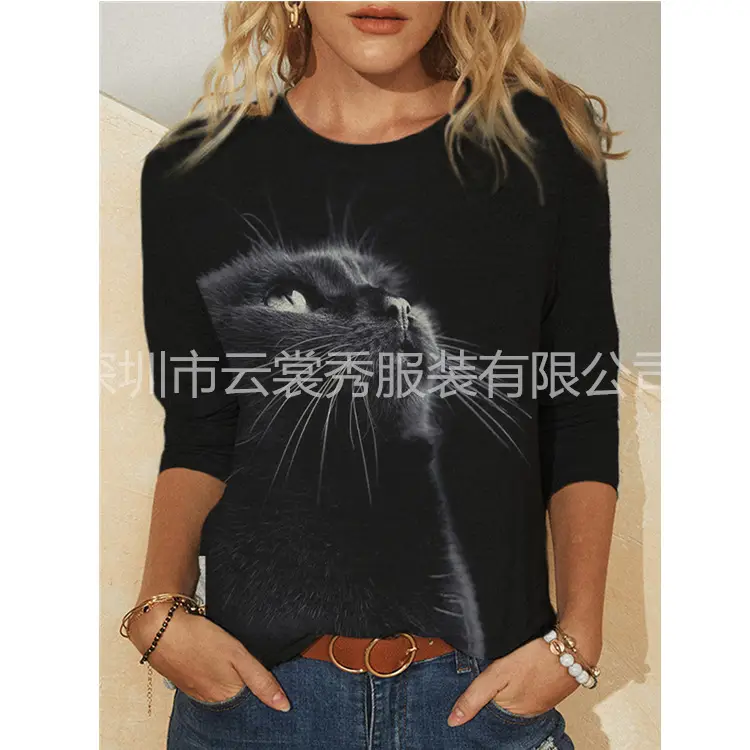 Women Printed Long Sleeve T-Shirt Black Cat Design - Image 16