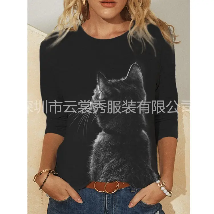 Women Printed Long Sleeve T-Shirt Black Cat Design - Image 2