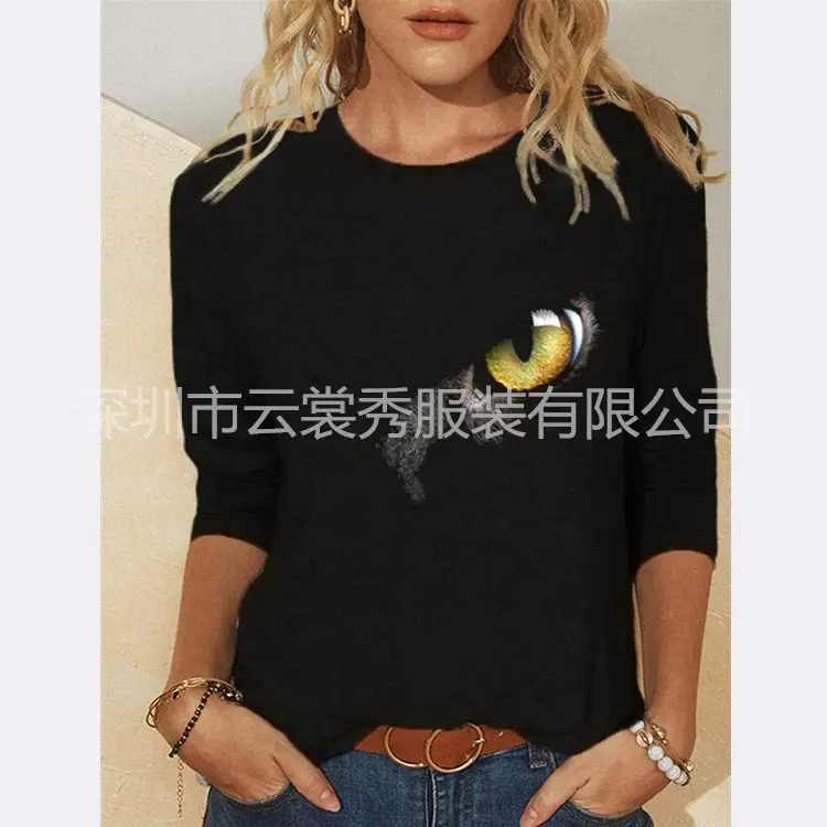 Women Printed Long Sleeve T-Shirt Black Cat Design - Image 4