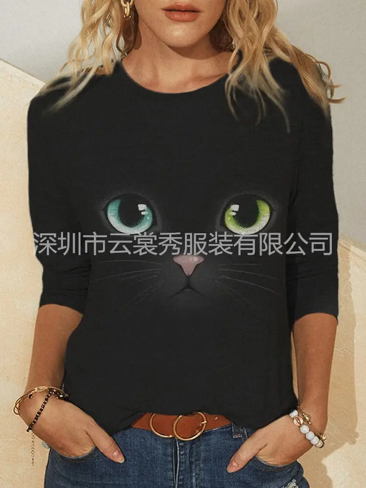 Women Printed Long Sleeve T-Shirt Black Cat Design - Image 7