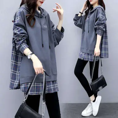 Women Cotton Hoodie Set Grey Plaid 2025 Autumn Loose Fit - Image 2