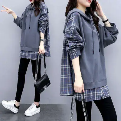 Women Cotton Hoodie Set Grey Plaid 2025 Autumn Loose Fit - Image 3