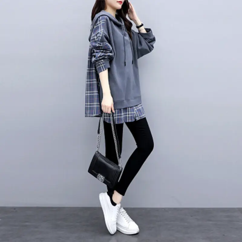 Women Cotton Hoodie Set Grey Plaid 2025 Autumn Loose Fit - Image 4