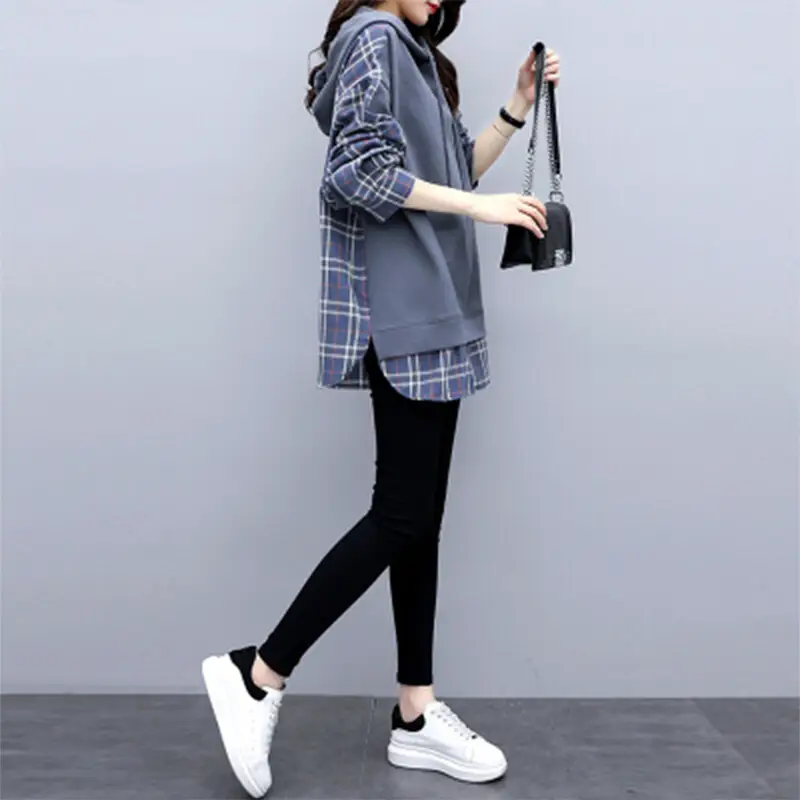 Women Cotton Hoodie Set Grey Plaid 2025 Autumn Loose Fit - Image 5
