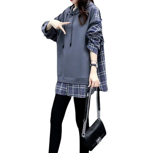 Women Cotton Hoodie Set Grey Plaid 2025 Autumn Loose Fit - Image 6
