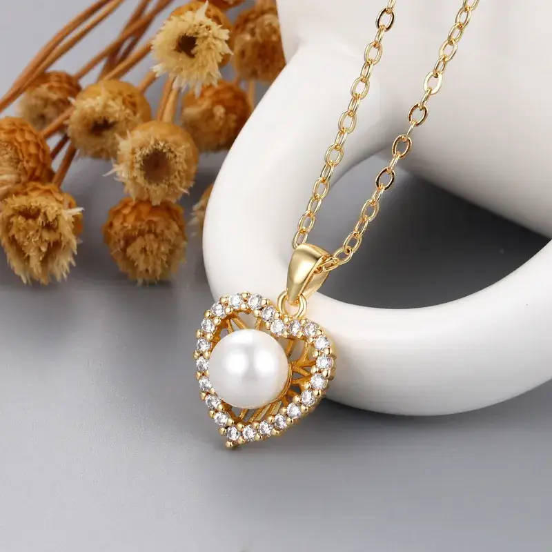 Gold Plated Pearl Heart Pendant Necklace for Women - Image 8