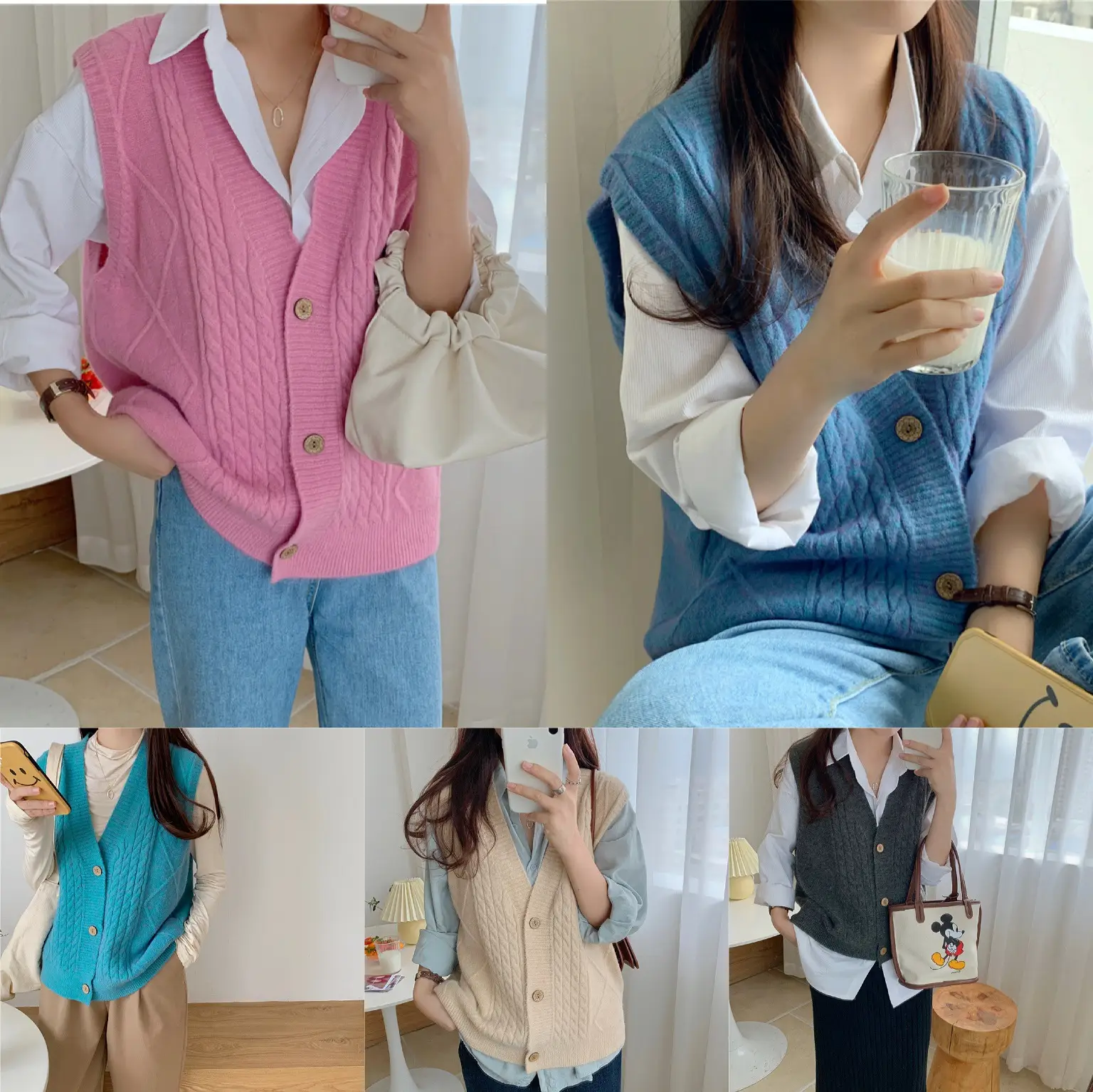 Pink Knitted V-Neck Sleeveless Vest for Women — feature 1