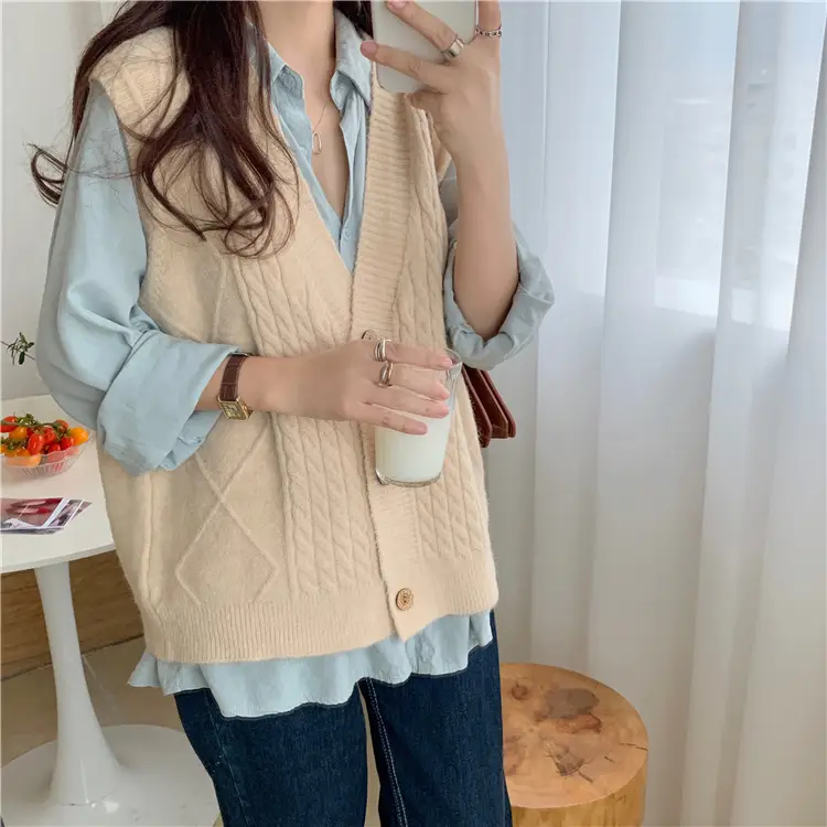 Pink Knitted V-Neck Sleeveless Vest for Women — feature 22