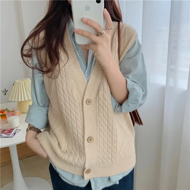 Pink Knitted V-Neck Sleeveless Vest for Women — feature 23