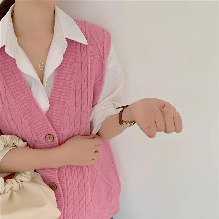 Pink Knitted V-Neck Sleeveless Vest for Women — feature 46