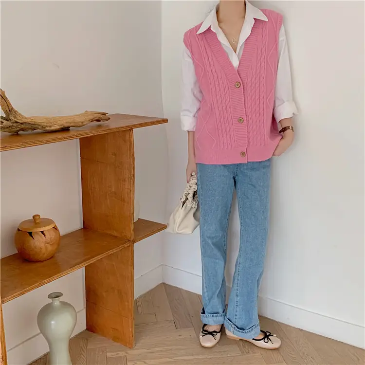 Pink Knitted V-Neck Sleeveless Vest for Women — feature 47