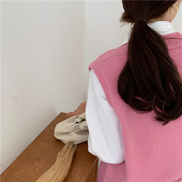 Pink Knitted V-Neck Sleeveless Vest for Women — feature 48