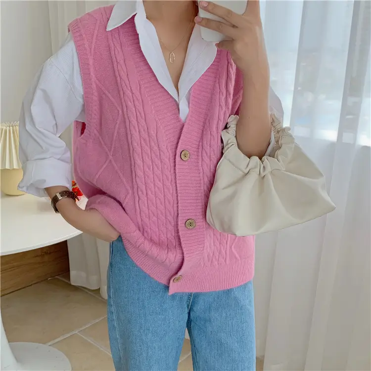 Pink Knitted V-Neck Sleeveless Vest for Women - Image 2