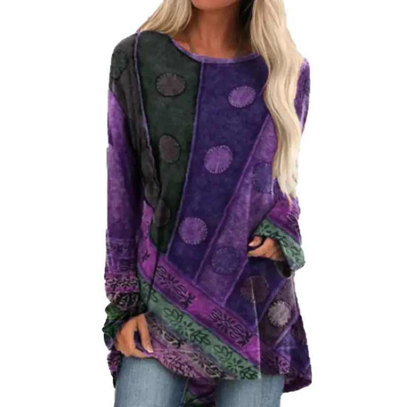 2024 Printed Long Sleeve Women's T-Shirt Green Red Orange - Image 7