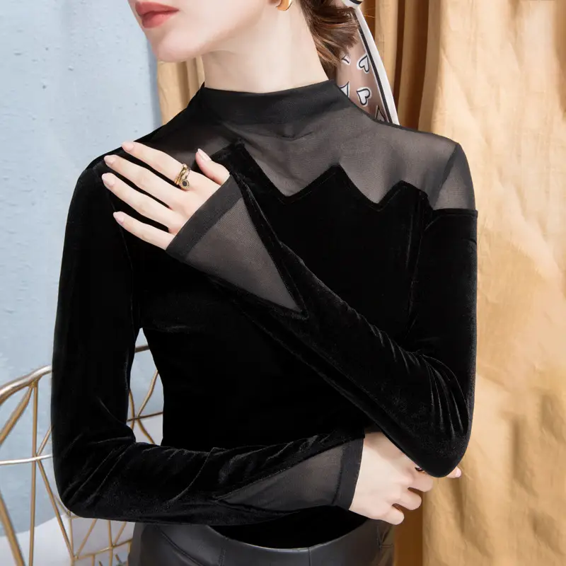Black Velvet Long Sleeve Women's Shirt Autumn Winter Western Style - Image 3
