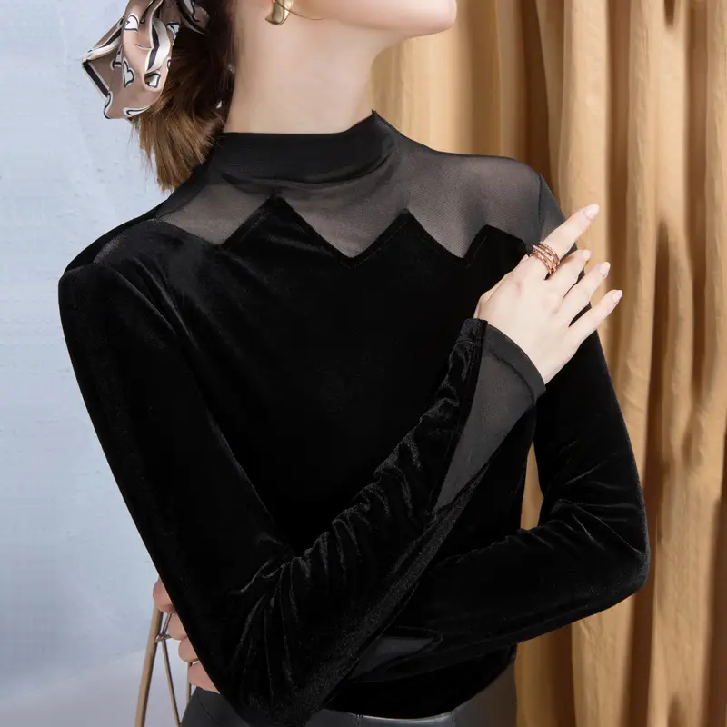 Black Velvet Long Sleeve Women's Shirt Autumn Winter Western Style - Image 4
