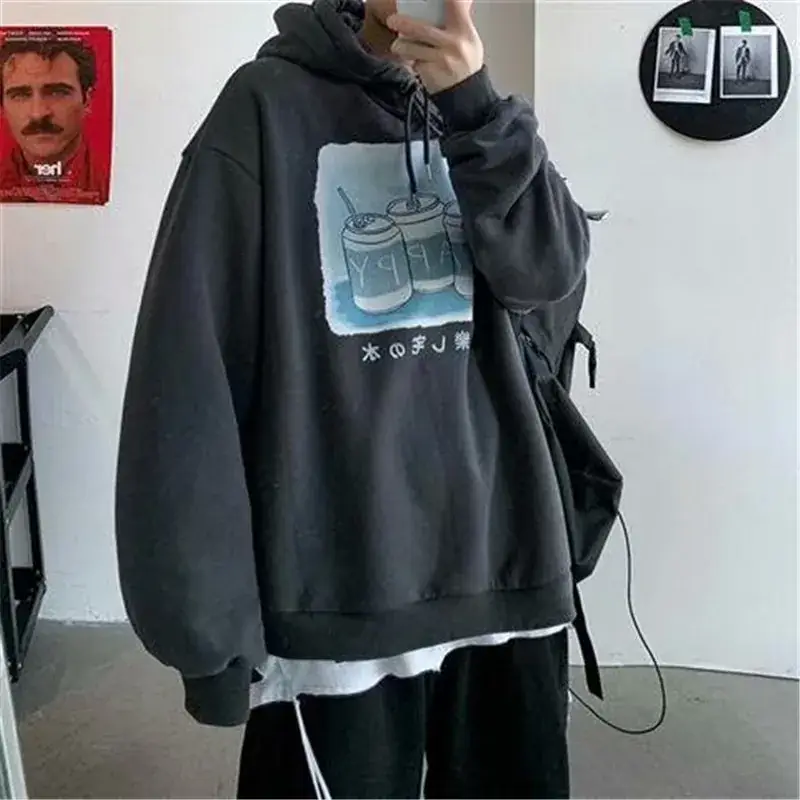 Men Korean Style Hooded Jacket Grey Velvet Thickened - Image 4