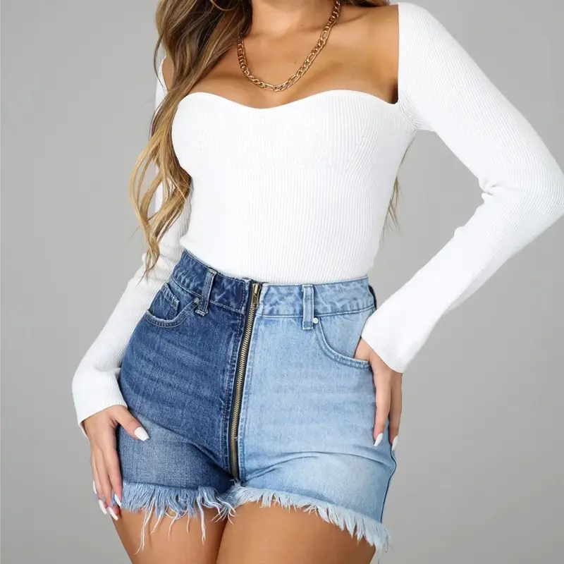 Women White Long Sleeve Top with Denim Shorts Set