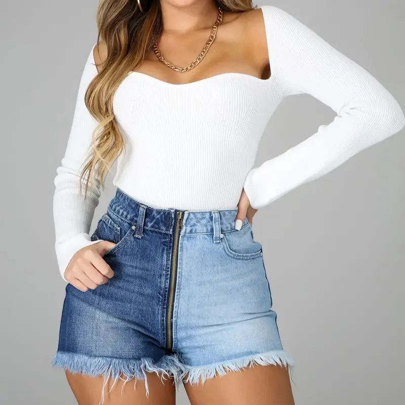 Women White Long Sleeve Top with Denim Shorts Set — feature 2