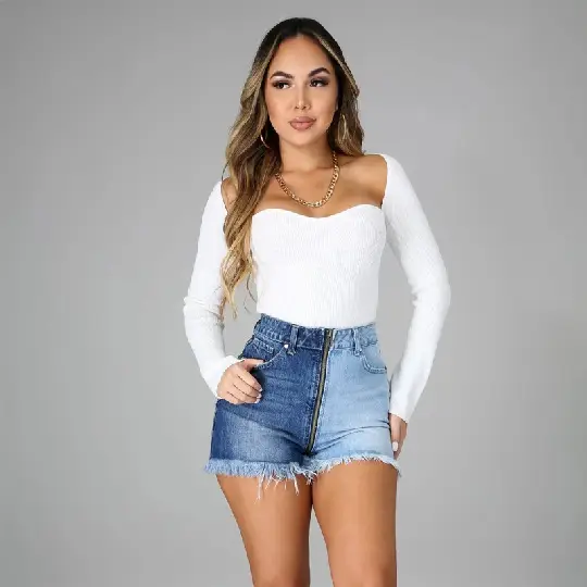 Women White Long Sleeve Top with Denim Shorts Set — feature 7