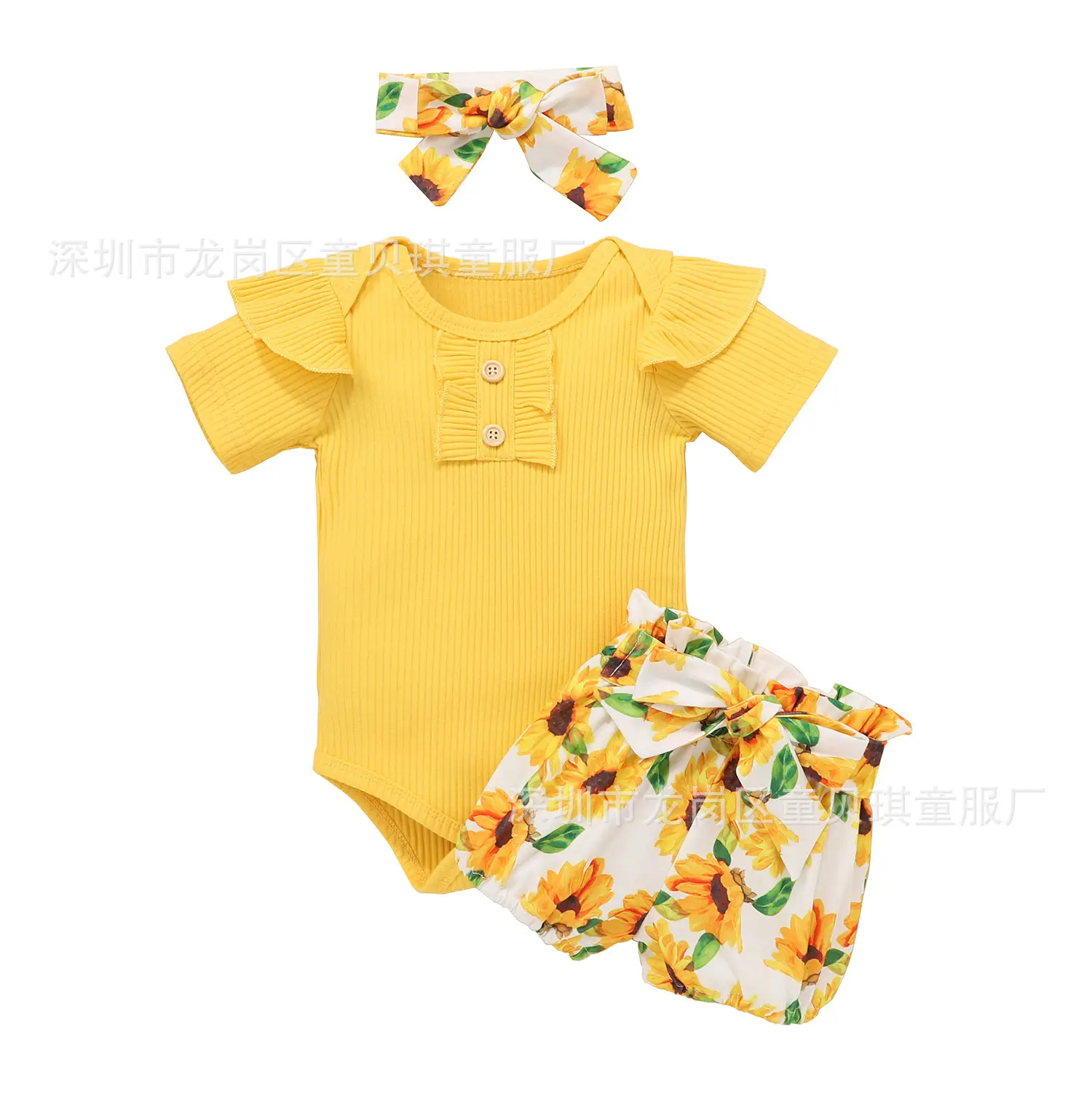 Black Floral Bow Short Sleeve Romper Set for Girls