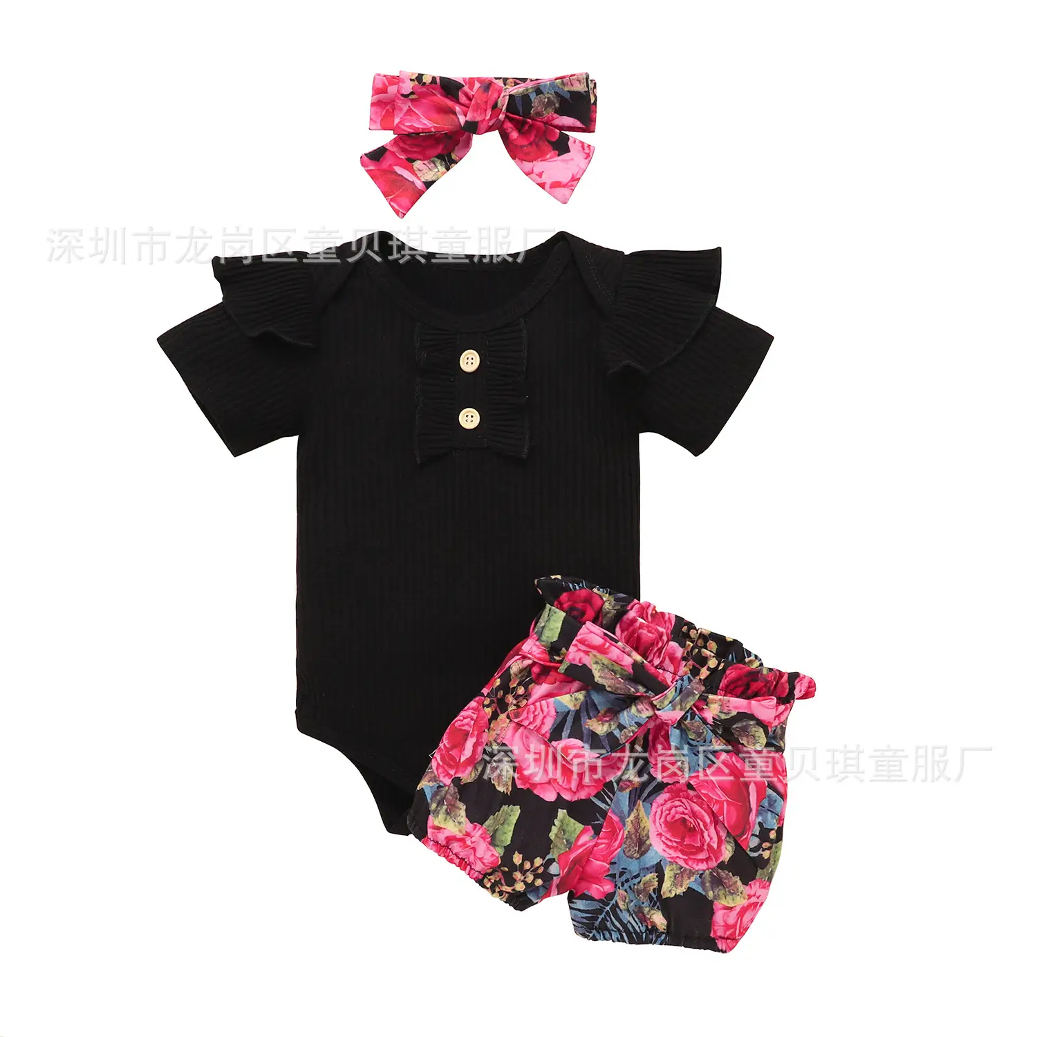Black Floral Bow Short Sleeve Romper Set for Girls