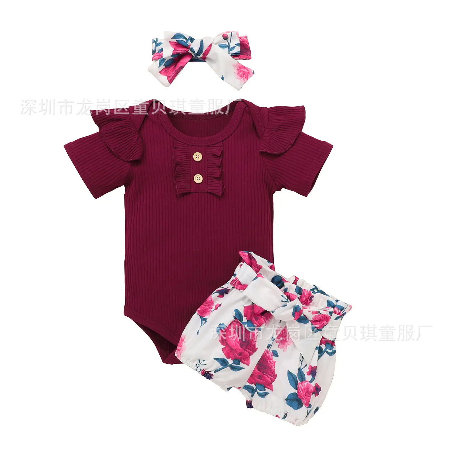 Black Floral Bow Short Sleeve Romper Set for Girls