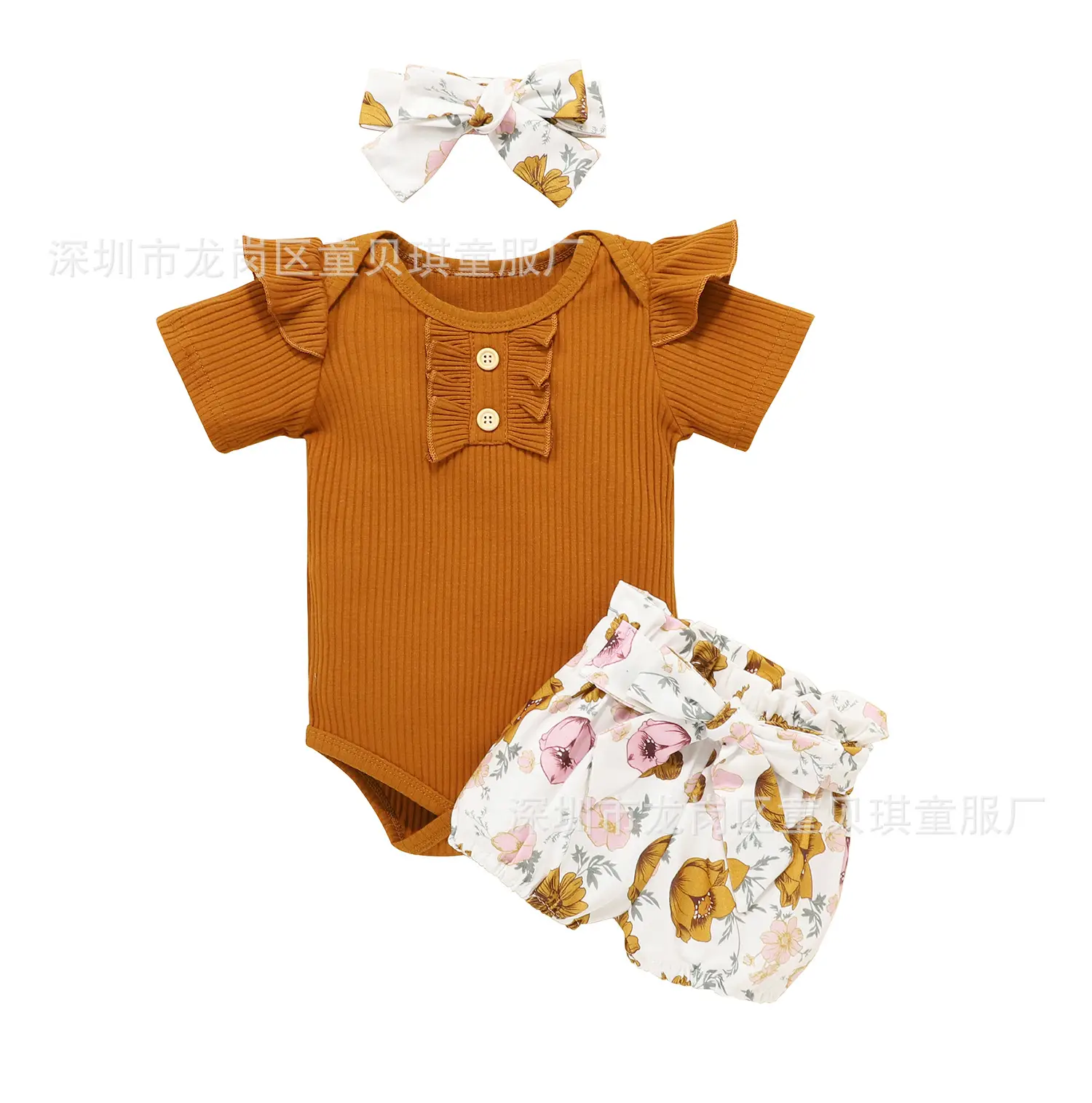 Black Floral Bow Short Sleeve Romper Set for Girls