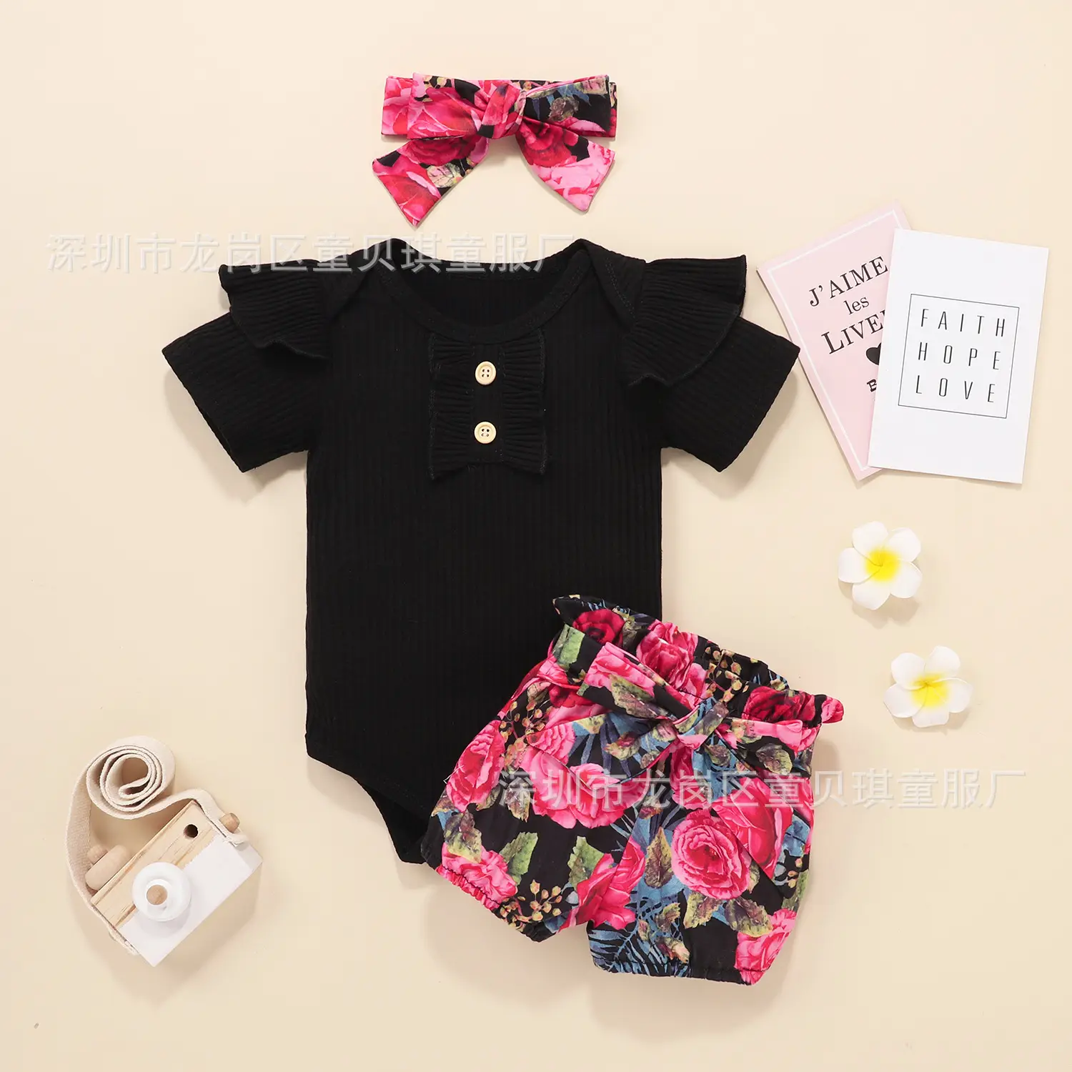 Black Floral Bow Short Sleeve Romper Set for Girls