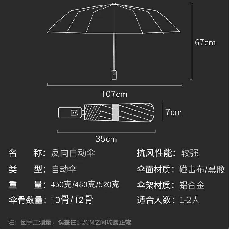 Tri-Fold Reverse 10 Bone Umbrella with LED Light & Reflective Strip