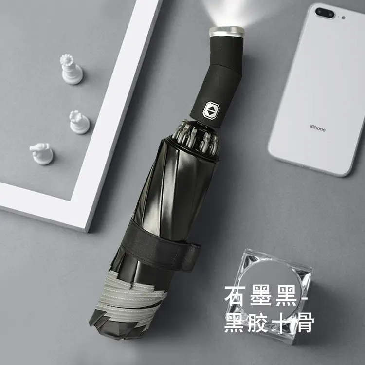 Tri-Fold Reverse 10 Bone Umbrella with LED Light & Reflective Strip