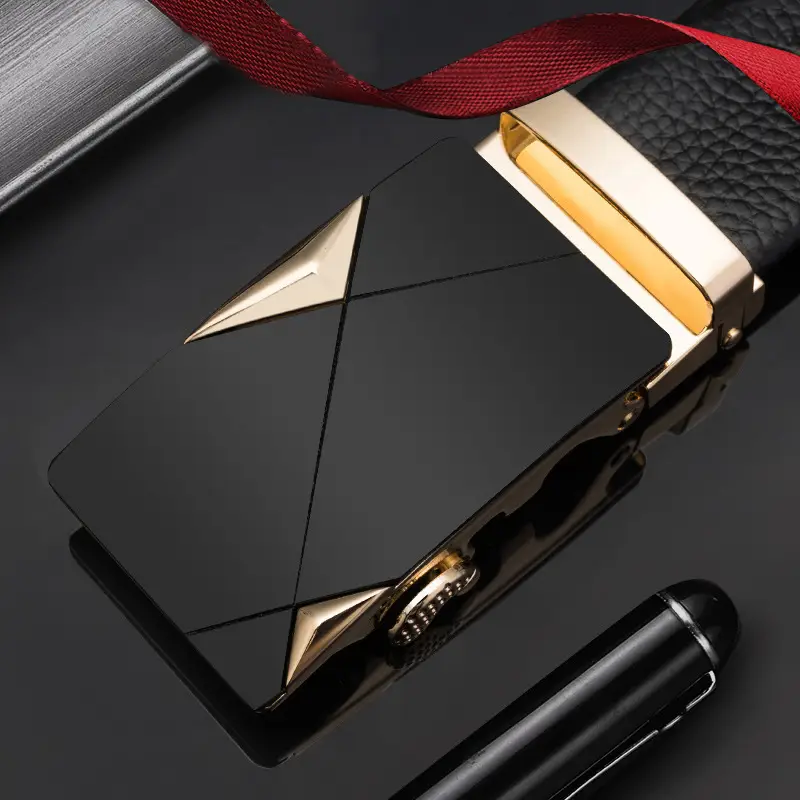 Men's Black Leather Belt with Automatic Buckle