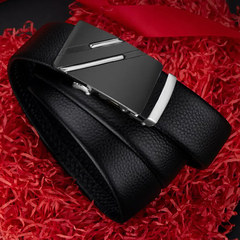 Men's Black Leather Belt with Automatic Buckle