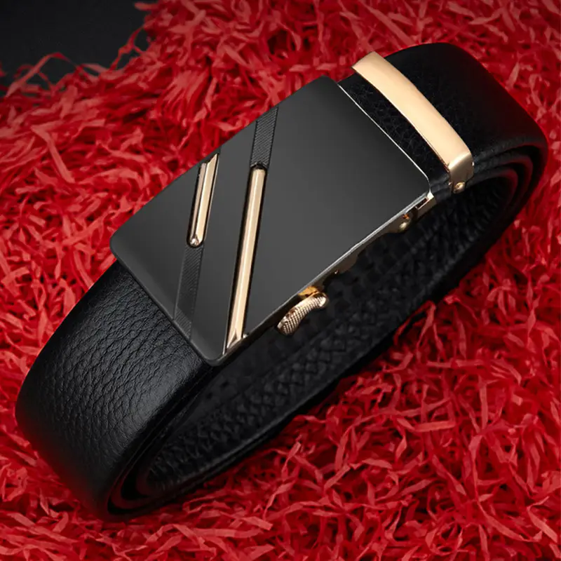 Men's Black Leather Belt with Automatic Buckle