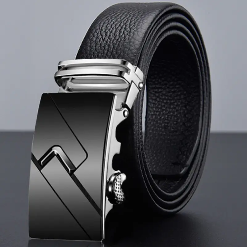 Men's Black Leather Belt with Automatic Buckle