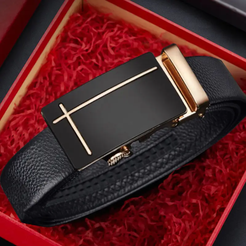 Men's Black Leather Belt with Automatic Buckle