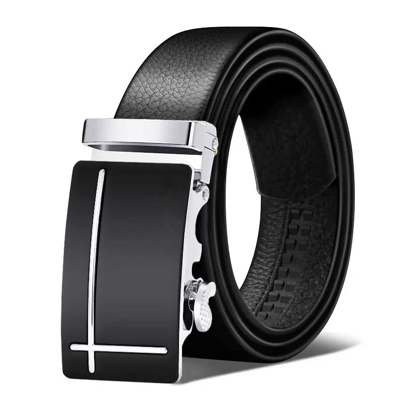 Men's Black Leather Belt with Automatic Buckle