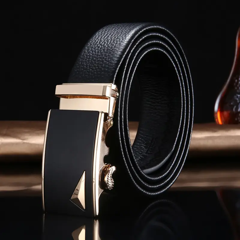 Men's Black Leather Belt with Automatic Buckle