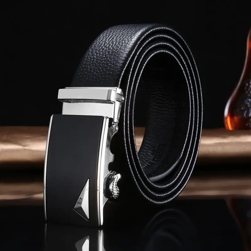 Men's Black Leather Belt with Automatic Buckle
